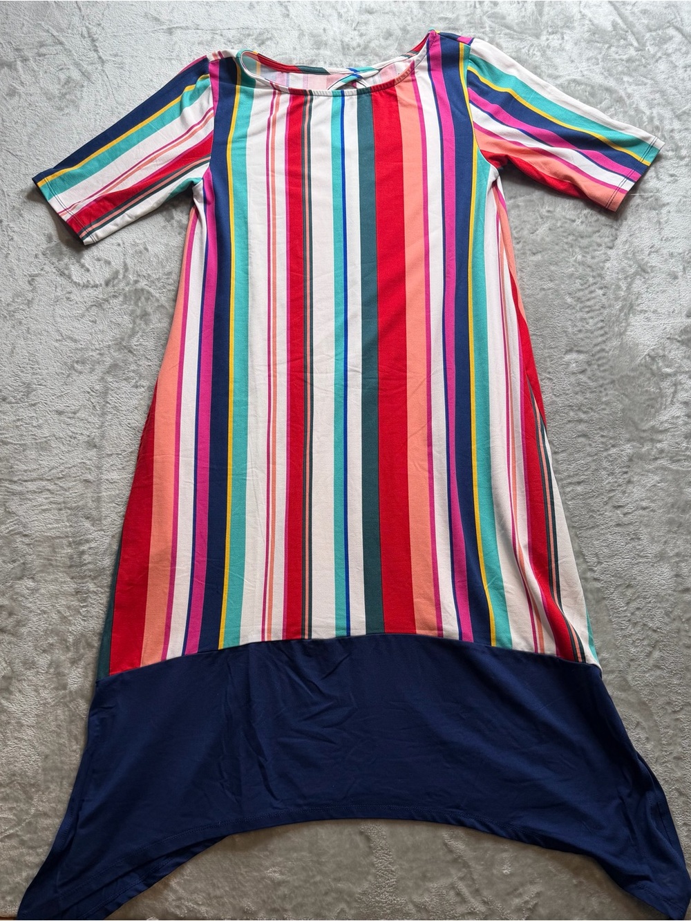 Cuddl Duds Multicolor Vertical Stripe High-Low Dress with Navy Hem